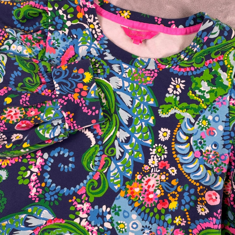 Lilly Pulitzer Womens Navy Blue Paisley Puff Sleeve Sweatshirt Small Floral Top